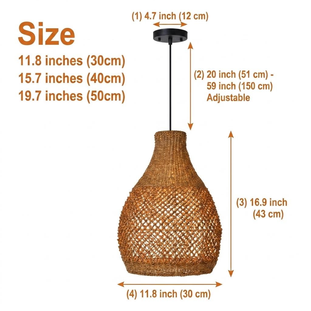 Boho Teardrop Wicker Pendant Light in 11.8-inch to 19.7-inch teardrop heights, larger jute shade casts wider glow, smaller size gives tighter denser shadow pattern