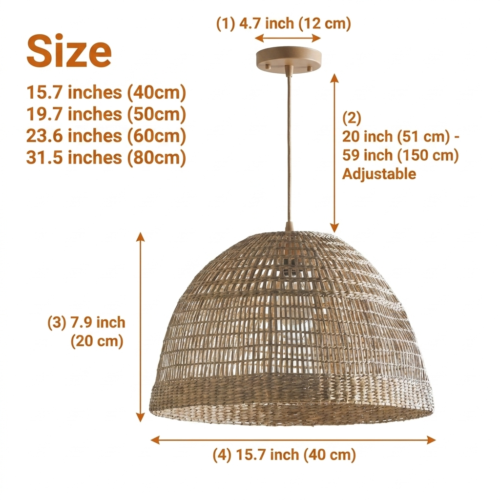 Bonin Large Dome Woven Rattan Pendant Light in sizes 15.7 to 31.5 inches, larger domes cast wider shadow bands while smaller sizes let more light escape