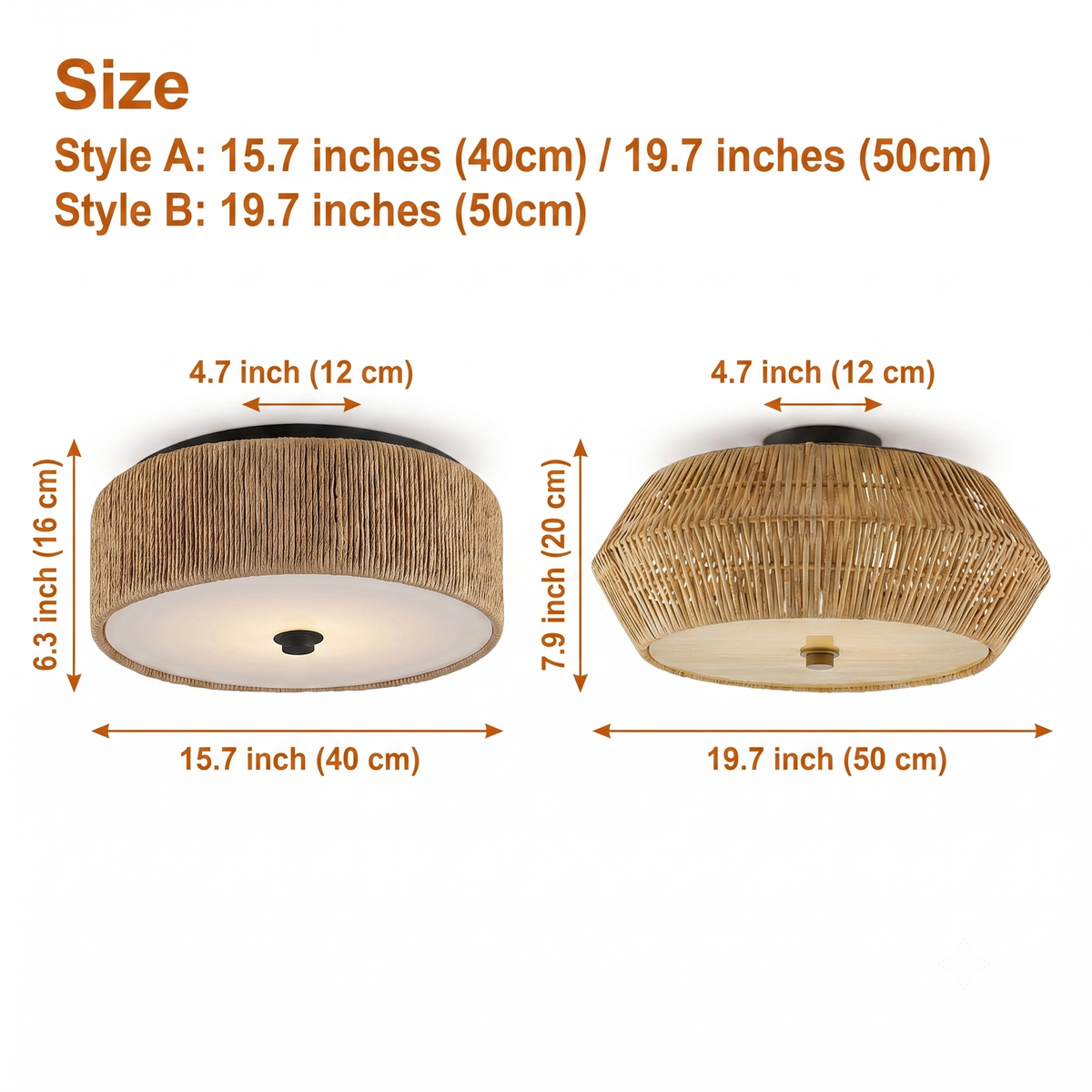 Brownell Rattan Drum Light Flush Mount in 15.7-inch and 19.7-inch diameters, the larger drum spreads wider ambient light and shows more coiled weave