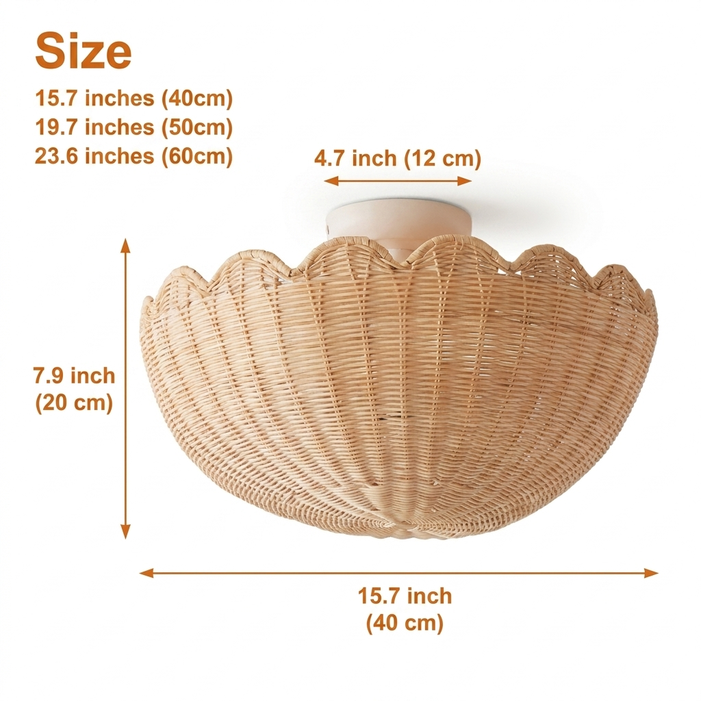 Bubble Rattan Flower Ceiling Light in 15.7-inch to 23.6-inch diameters, larger scallop domes cast wider shadow rings while smaller sizes stay tight and intimate