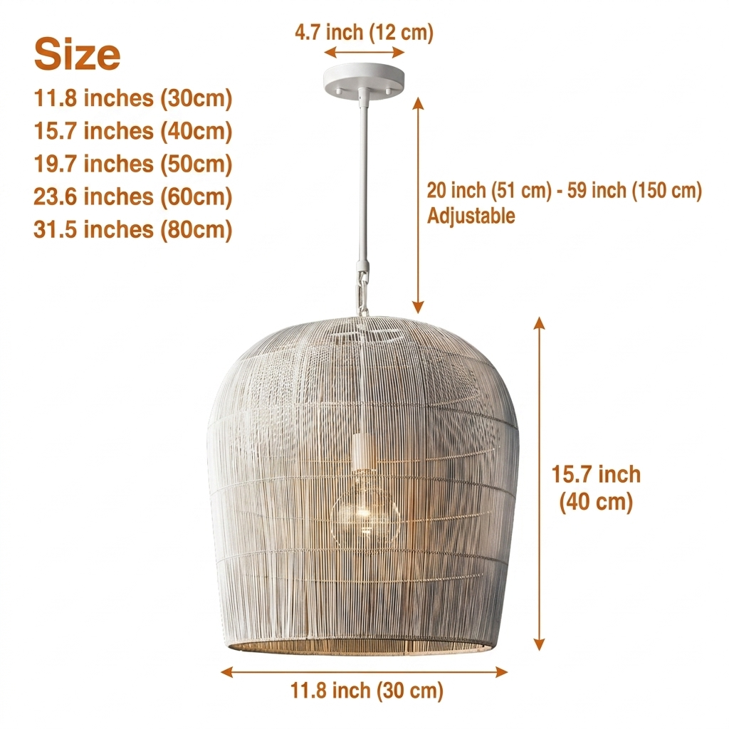 Cabrillo White Rattan Pendant Light in sizes 11.8 to 31.5 inches, larger diameters cast wider pools of light and show more wicker texture than smaller accents