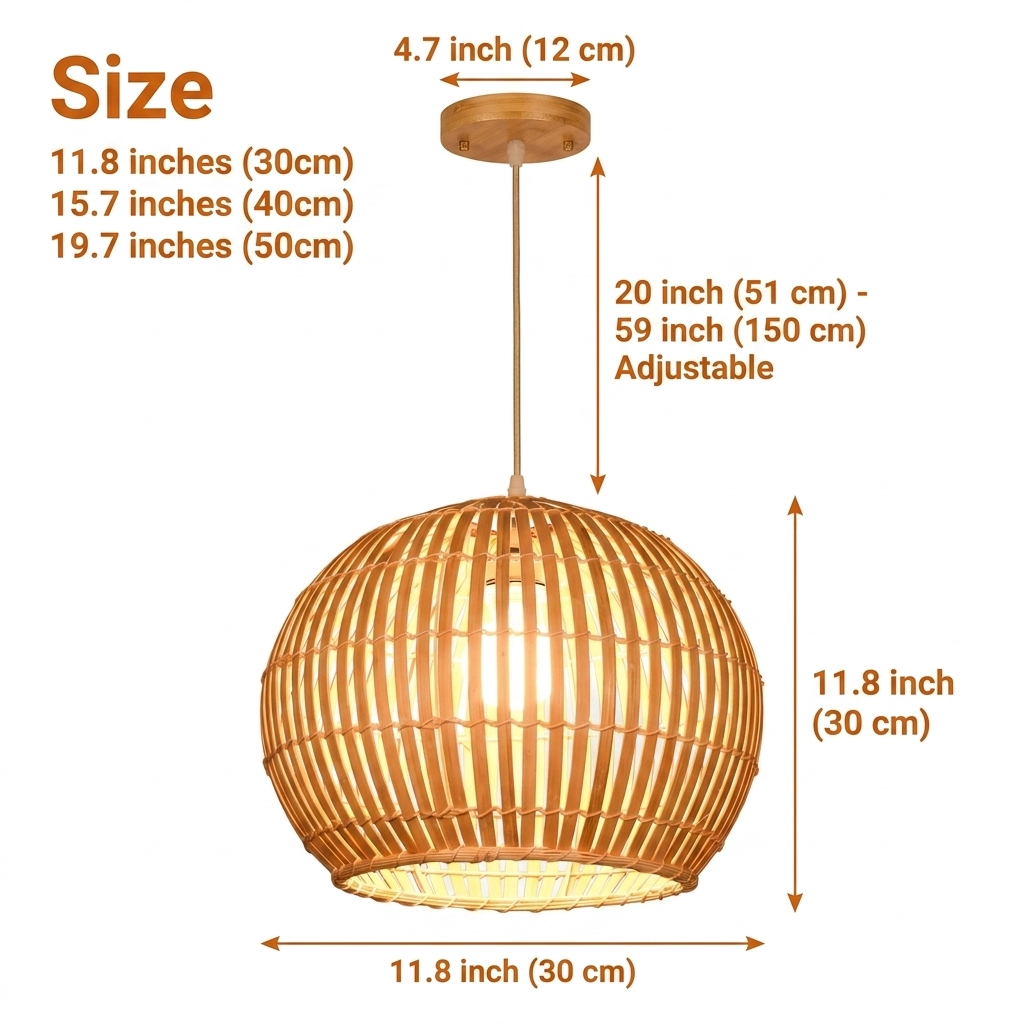 Calico Small Round Bamboo Pendant Light Shade in 11.8-inch to 19.7-inch diameters, larger globes show more slat detail and spread softer, wider light