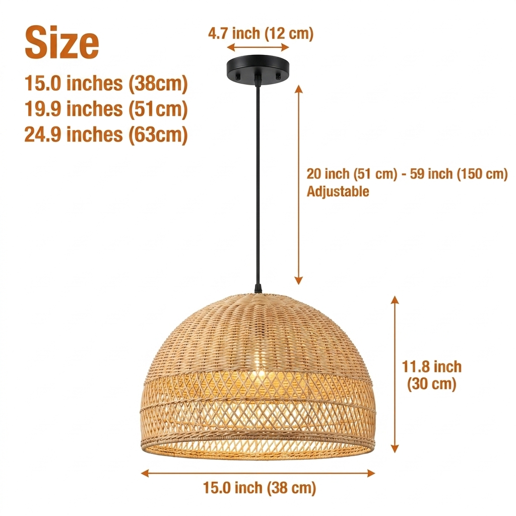 Calypso Basket Weave Pendant Light in 15-inch to 24.9-inch diameters, larger sizes widen the diamond mesh pattern and cast more shadow across the room