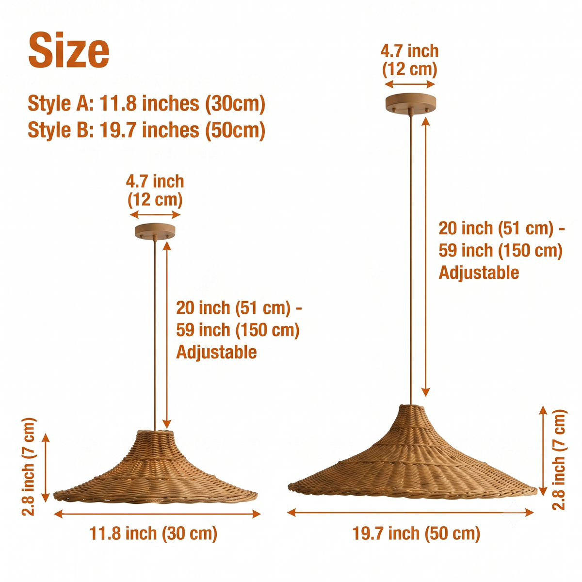 Carmel Cone Wicker Rattan Pendant Light in 11.8-inch and 19.7-inch diameters, larger cone casts a wider shadow statement while smaller stays subtle and low-profile