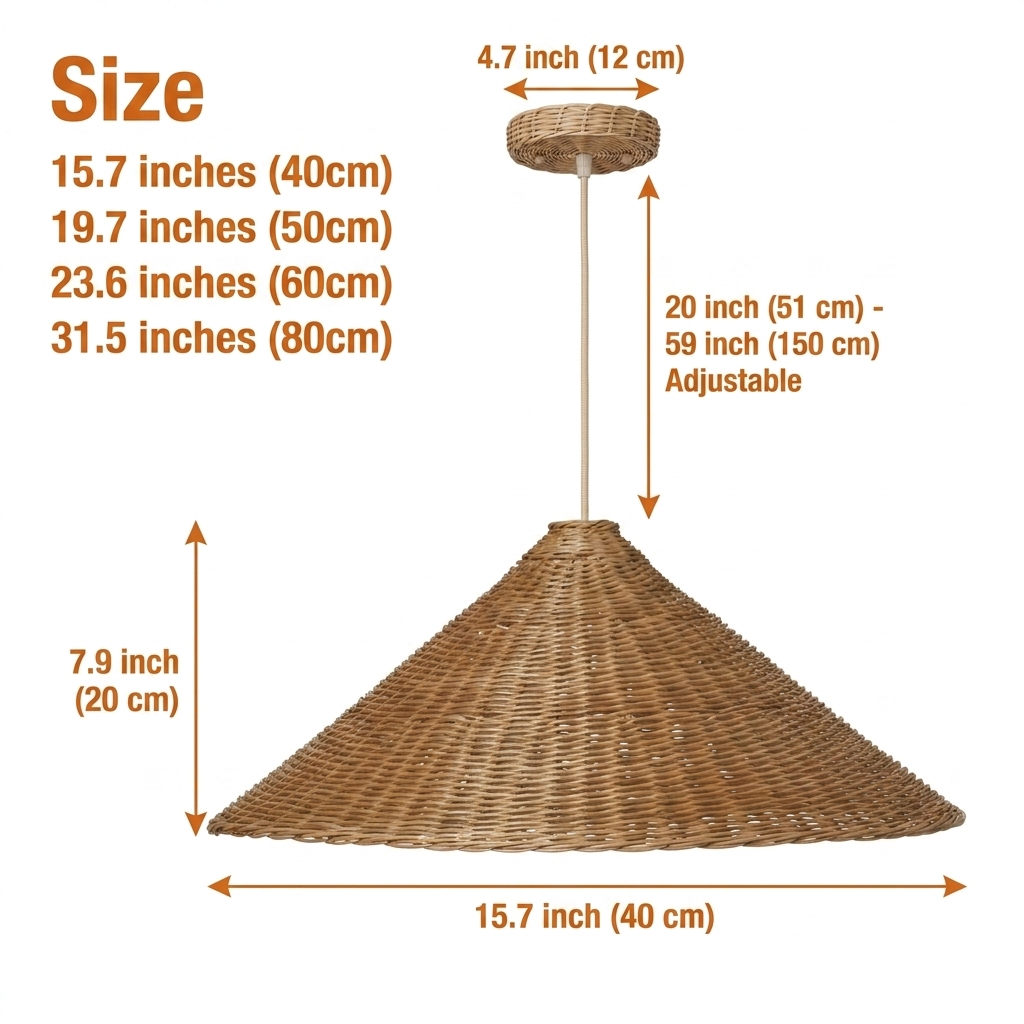 Carter Cone Woven Wicker Rattan Pendant Light spanning 15.7-inch to 21.6-inch diameters, larger cones cast wider deeper shadows while smaller show finer weave detail