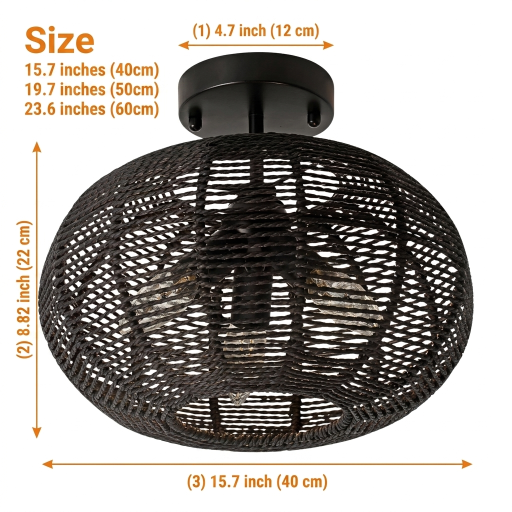 Cashmere Black Round Rattan Light Fixture in 15.7-inch to 23.6-inch diameters, larger dome casts broader shadow patterns while smaller keeps the weave subtle