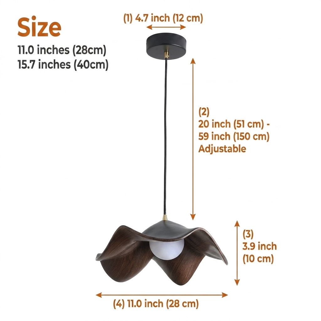 Casia Lotus Wabi Sabi Wood Pendant Light in 11.0-inch and 15.7-inch diameters, the larger wave shade adds more downward spread while the smaller stays compact