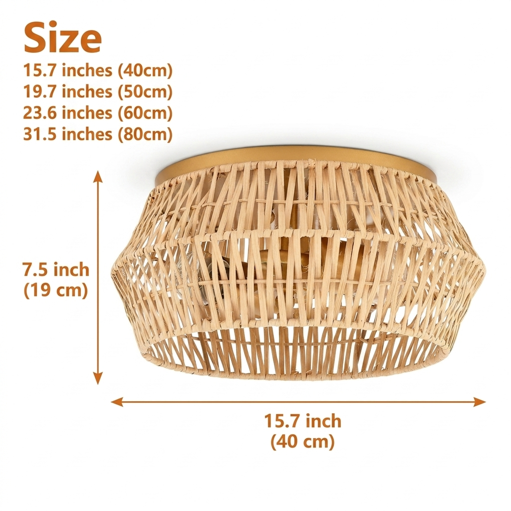 Cattleya Boho Rattan Ceiling Light in 15.7-inch to 31.5-inch diameters, larger shades widen the lattice pattern while smaller keep the glow tighter
