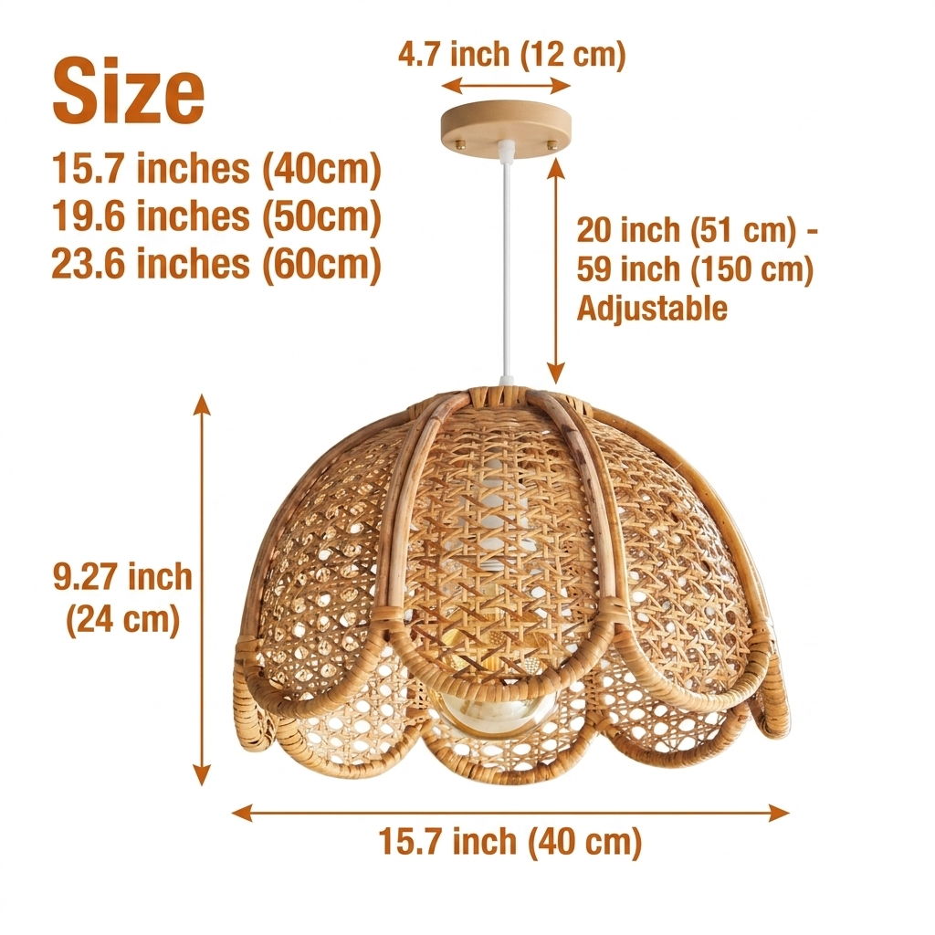 Cayla Boho Rattan Pendant Light in 15.7-inch to 23.6-inch diameters, larger domes open the diamond weave wider for more honeyed overhead shadow