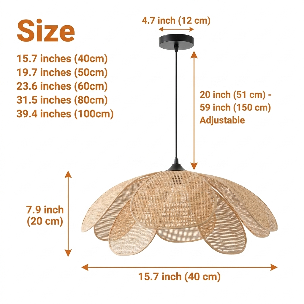 Cefalu Extra Large Rattan Petal Pendant Light spanning 15.7-inch to 39.4-inch diameters, larger shades cast a wider dappled pool showing more petal layers