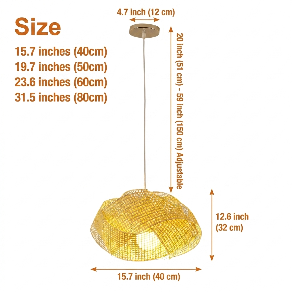 Chaner Single Woven Bamboo Pendant Light Shade in 15.7-inch to 31.5-inch diameters, larger shades reveal more looping bamboo layers with a wider dappled pattern