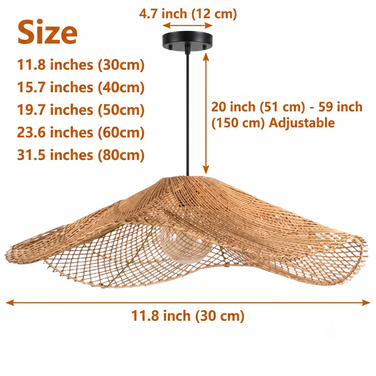 Chapeau Modern Rattan Ceiling Light spanning 11.8-inch to 31.5-inch diameters, smaller shades glow tighter and hide the weave while larger reveal the full wave pattern