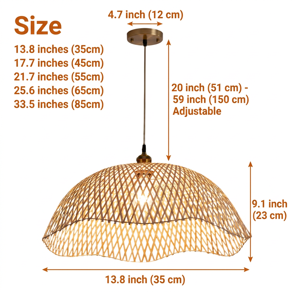 Chenkui Scallop Woven Bamboo Pendant Light Shade spanning 13.8-inch to 33.5-inch diameters, larger diameters open the lattice wider casting bigger overhead shadow patterns