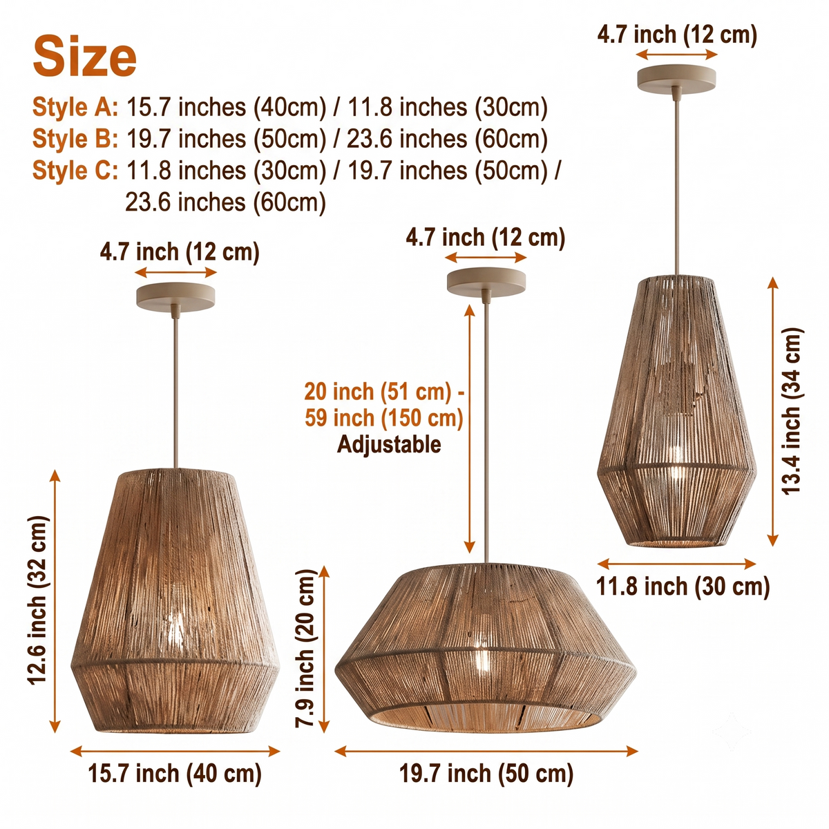 Collins Wabi Sabi Small Basket Pendant Light spanning 11.8-inch to 23.6-inch shades, larger sizes widen the spread and show more woven texture overhead