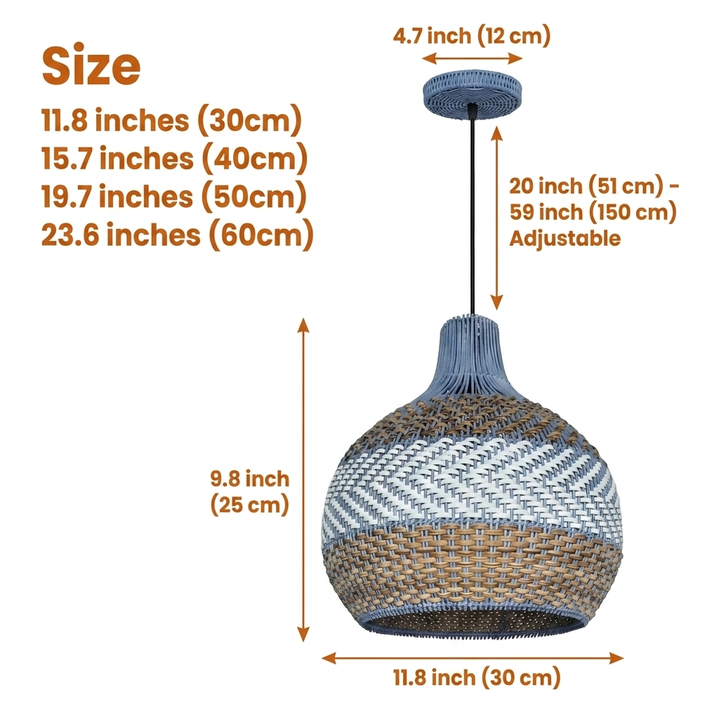 Courtland Blue Rattan Pendant Light in 11.8-inch to 23.6-inch diameters, larger dome reveals more tri-color weave and casts a wider pool of light