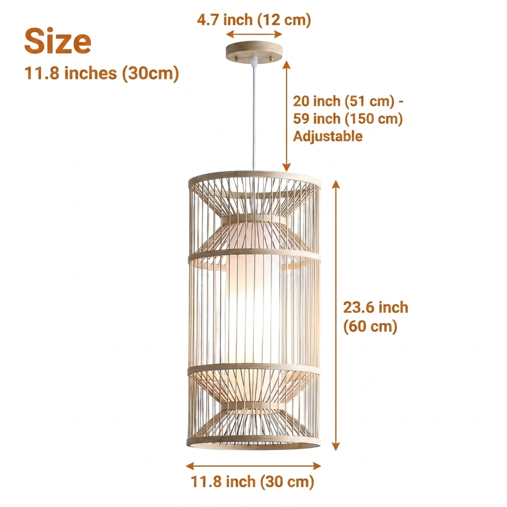 Cylindra Hourglass Bamboo Pendant Light at 11.8-inch diameter by 23.6-inch height, slim diamond-lattice hourglass fits dining nooks, islands, and bedside corners alike
