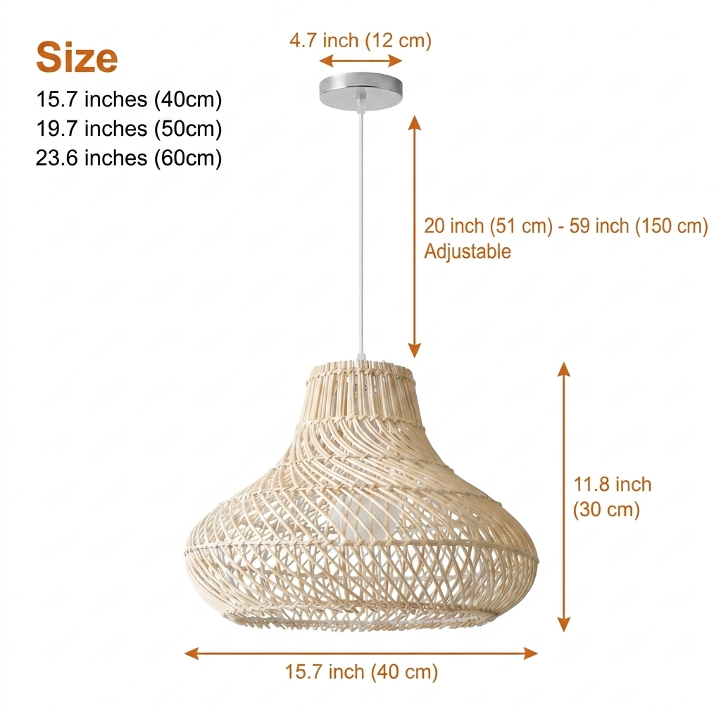 Dakota Natural Rattan Dome Pendant Light in 15.7-inch to 23.6-inch diameters, larger dome shows more diamond lattice and adds heavier visual weight overhead
