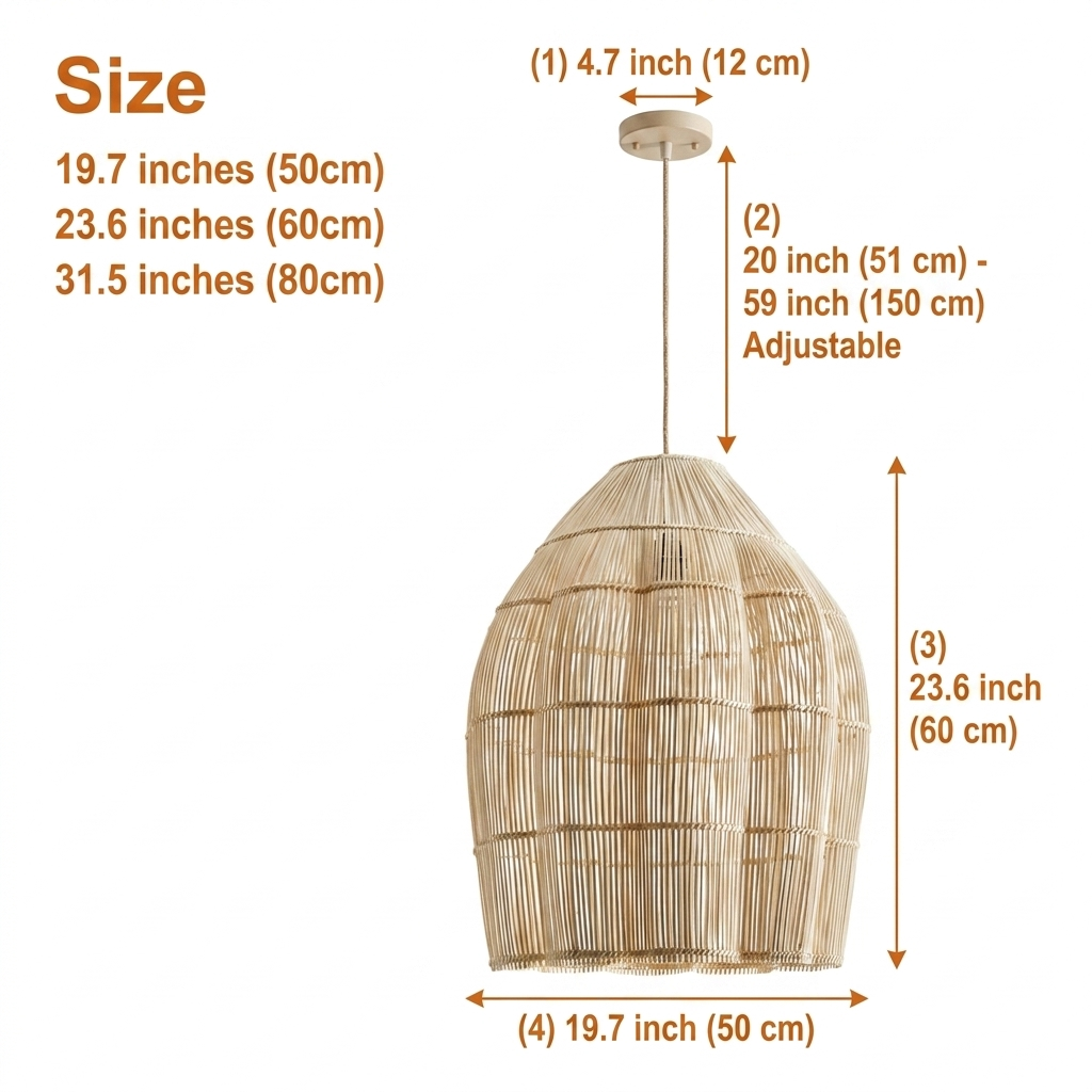 Dankia Coastal Rattan Pendant Light in 19.7-inch to 31.5-inch diameters, larger drum exposes more rope-bound tiers and widens the light spread overhead