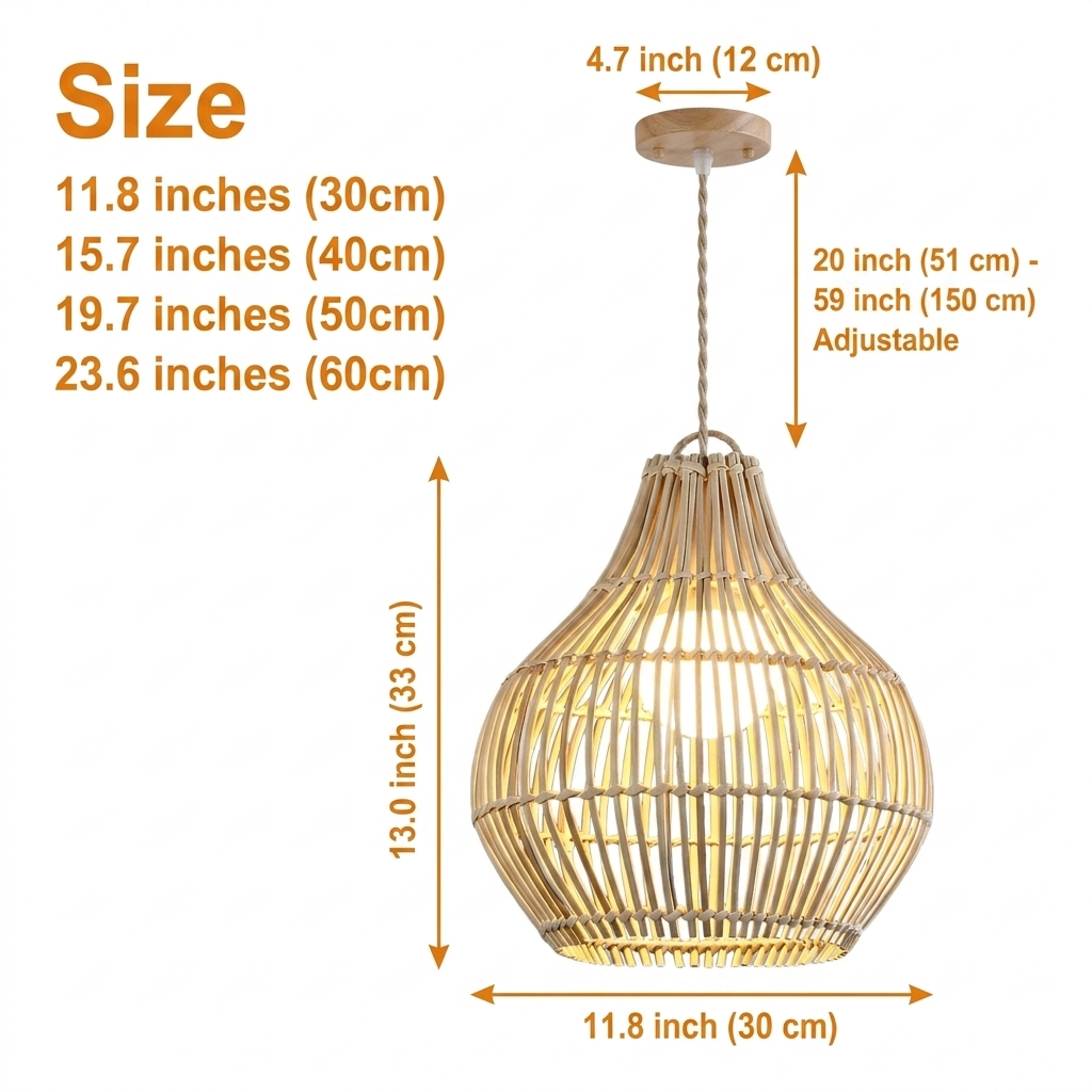 Dari Rattan Pendant Light in 11.8-inch to 23.6-inch diameters, larger teardrop shows more open weave while smaller sizes cluster tightly with less weight
