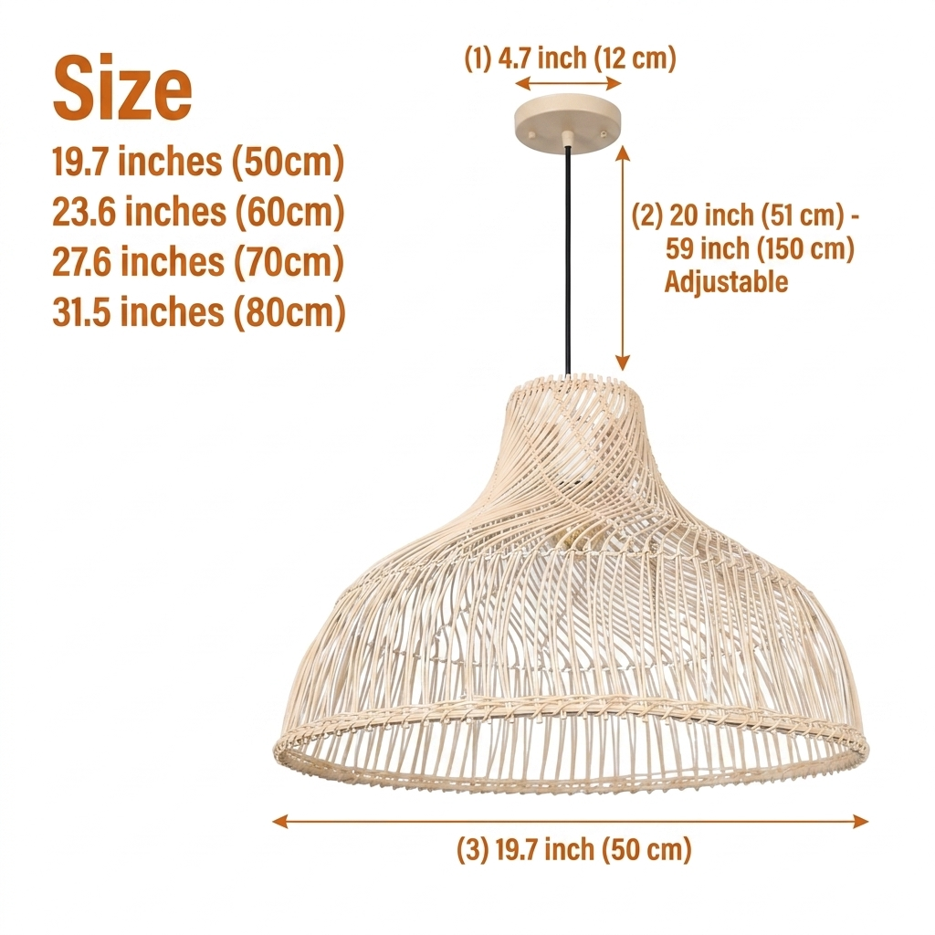 Des Boho Rattan Pendant Light in 19.7-inch to 31.5-inch diameters, larger dome casts a wider softer shadow pattern with more visual weight overhead