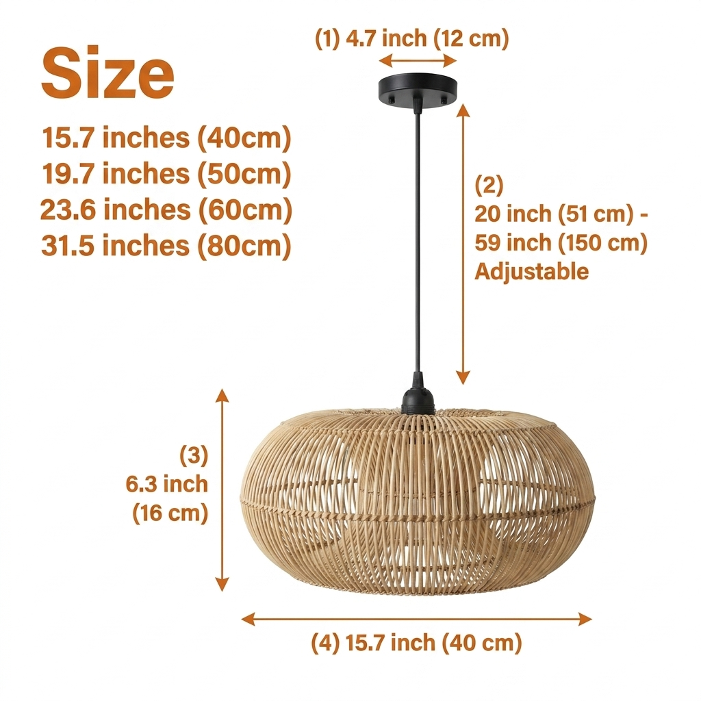 Donut Rattan Round Pendant Light in 15.7-inch to 31.5-inch diameters, larger ring casts a wider glow while smaller ones keep weave detail tight