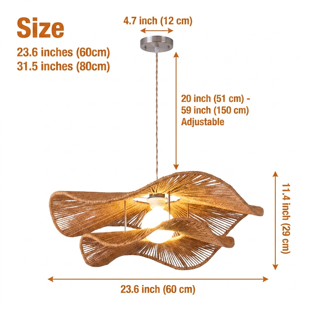 Double Layer Hemp Rope Wavy Pendant Lamp in 23.6-inch and 31.5-inch diameters, larger size widens the wavy silhouette and shows more coiled rope texture