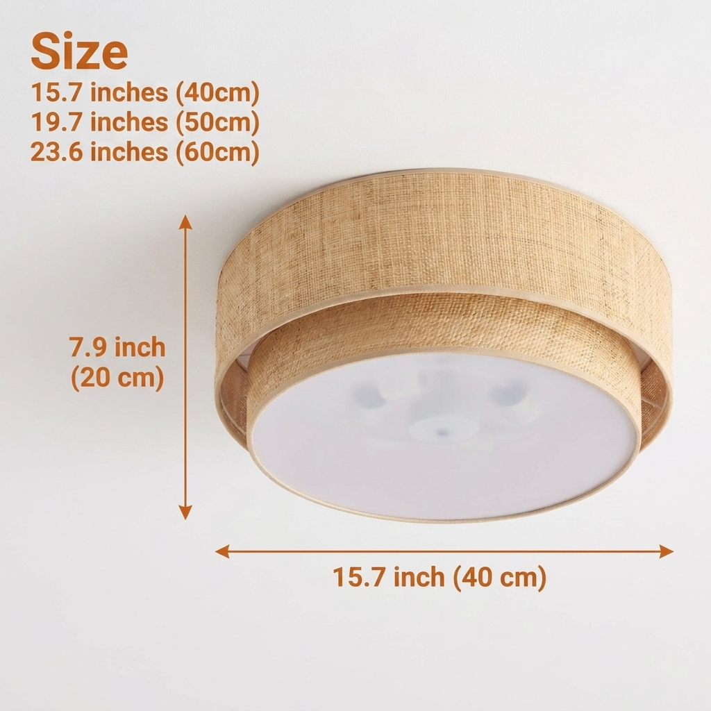 El Corte Drum Round Wicker Light Flush Mount in 15.7-inch to 23.6-inch diameters, larger drum casts wider shadow bands and adds more visual weight