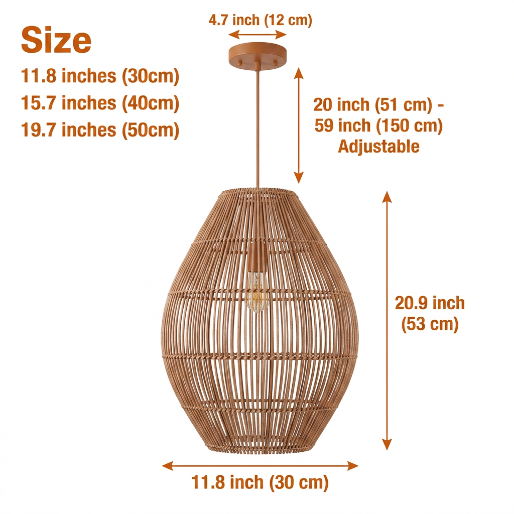 Elena Rattan Pendant Light in 11.8-inch to 19.7-inch diameters, larger shade casts a wider glow with more open weave while smaller sizes suit tight corners