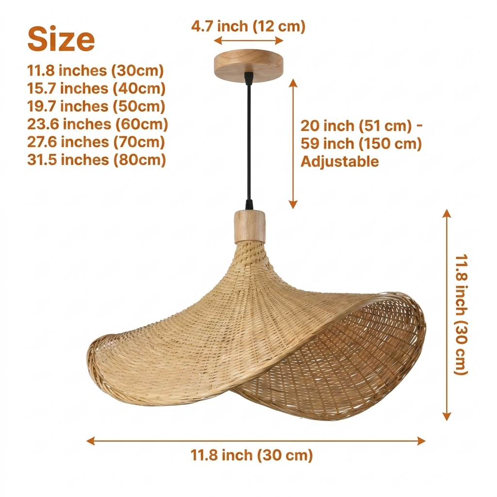 Ellie Straw Hat Rattan Pendant from 11.8-inch to 31.5-inch diameter, woven hat-shaped brim, larger sizes cast a wider dappled glow than the intimate small shade