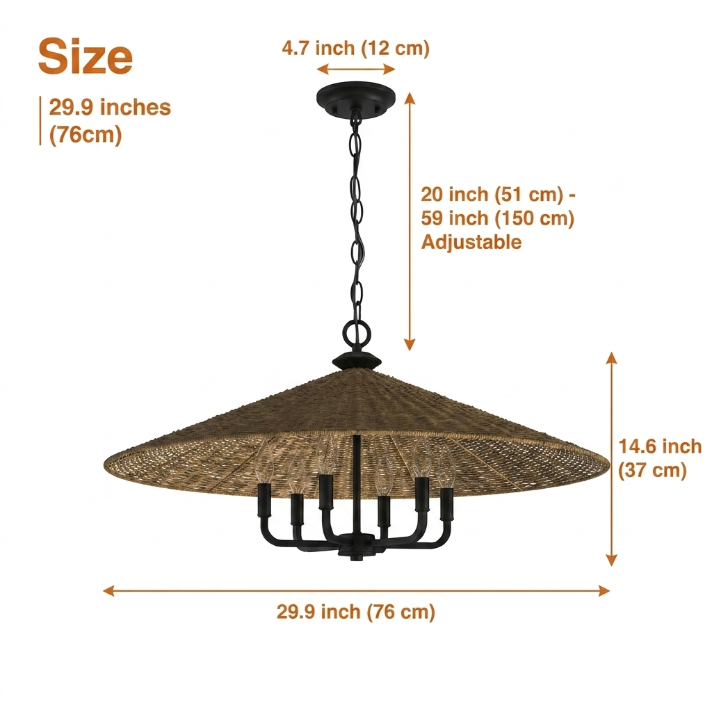 Eman Dark Wicker Pendant Light Shade at 29.9-inch diameter, dense woven rattan cone, anchors large rooms with a broad pool of shadow-dappled light