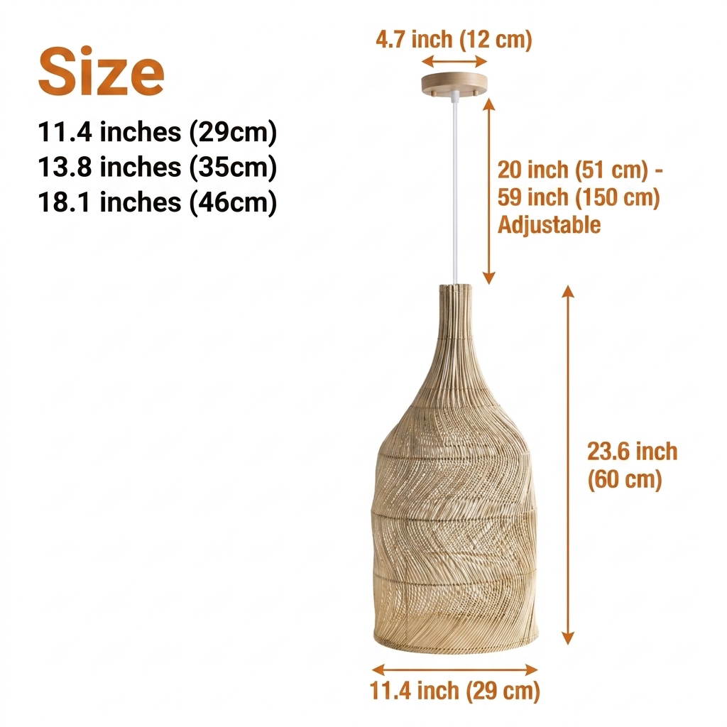 Embid Natural Rattan Ceiling Light from 11.4-inch to 18.1-inch diameter, graduated bell weave, larger sizes open wider and cast broader shadow patterns