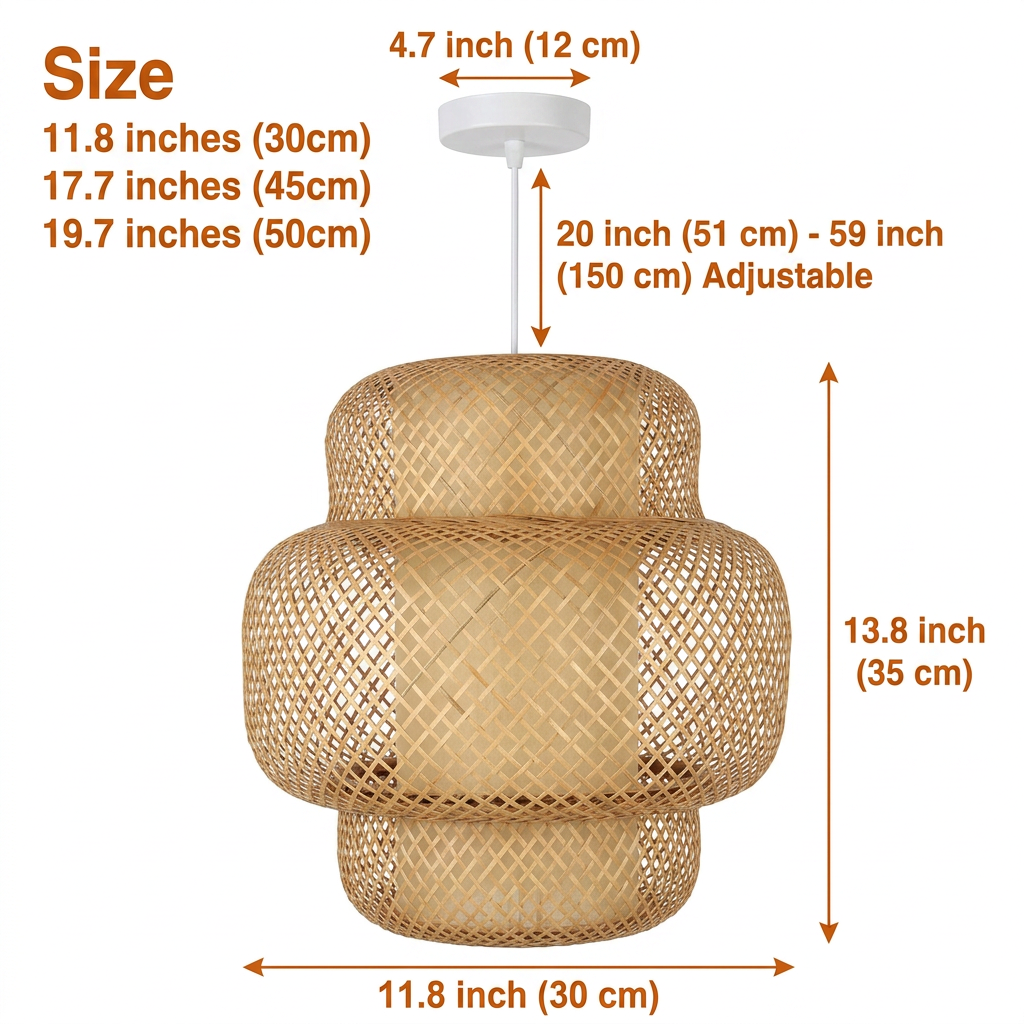 Enakshi Abstract Bamboo Pendant from 11.8-inch to 19.7-inch diameter, layered bamboo strips, larger sizes show more open lattice and wider shadow patterns