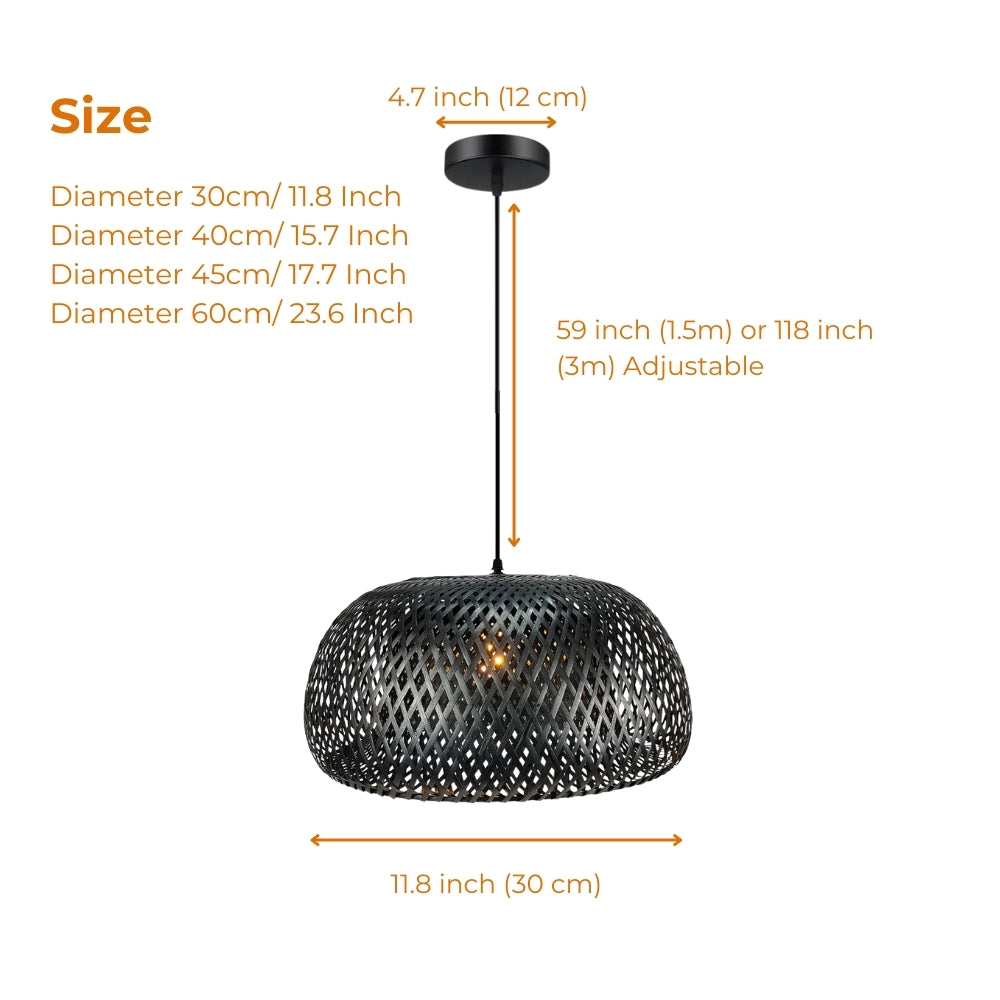 Eskil Black Bamboo Pendant from 11.8-inch to 23.6-inch diameter, open bamboo weave dome, larger sizes cast wider shadow patterns with more visual weight