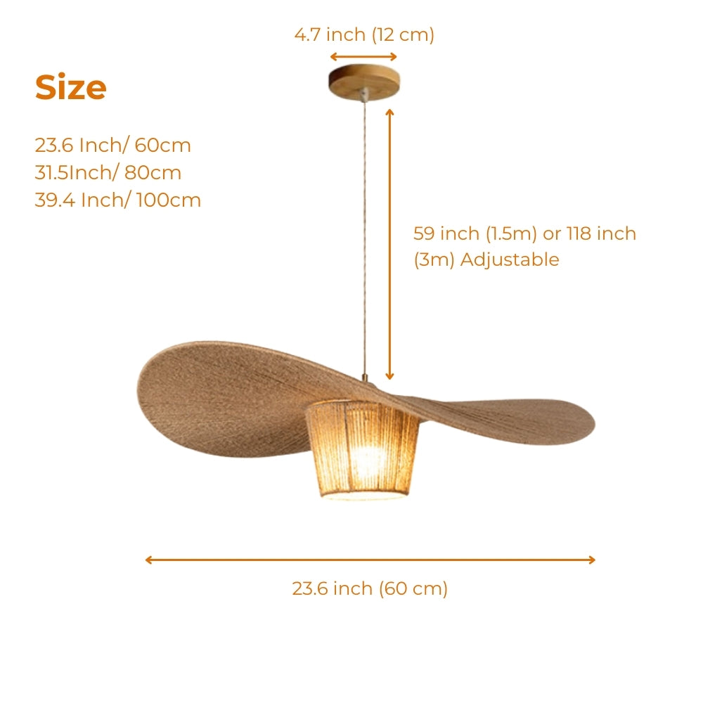 Extra Large Rustic Hat Pendant from 23.6-inch to 39.4-inch diameter, hand-coiled hemp rope brim, larger sizes cast a wider glow with heavier presence