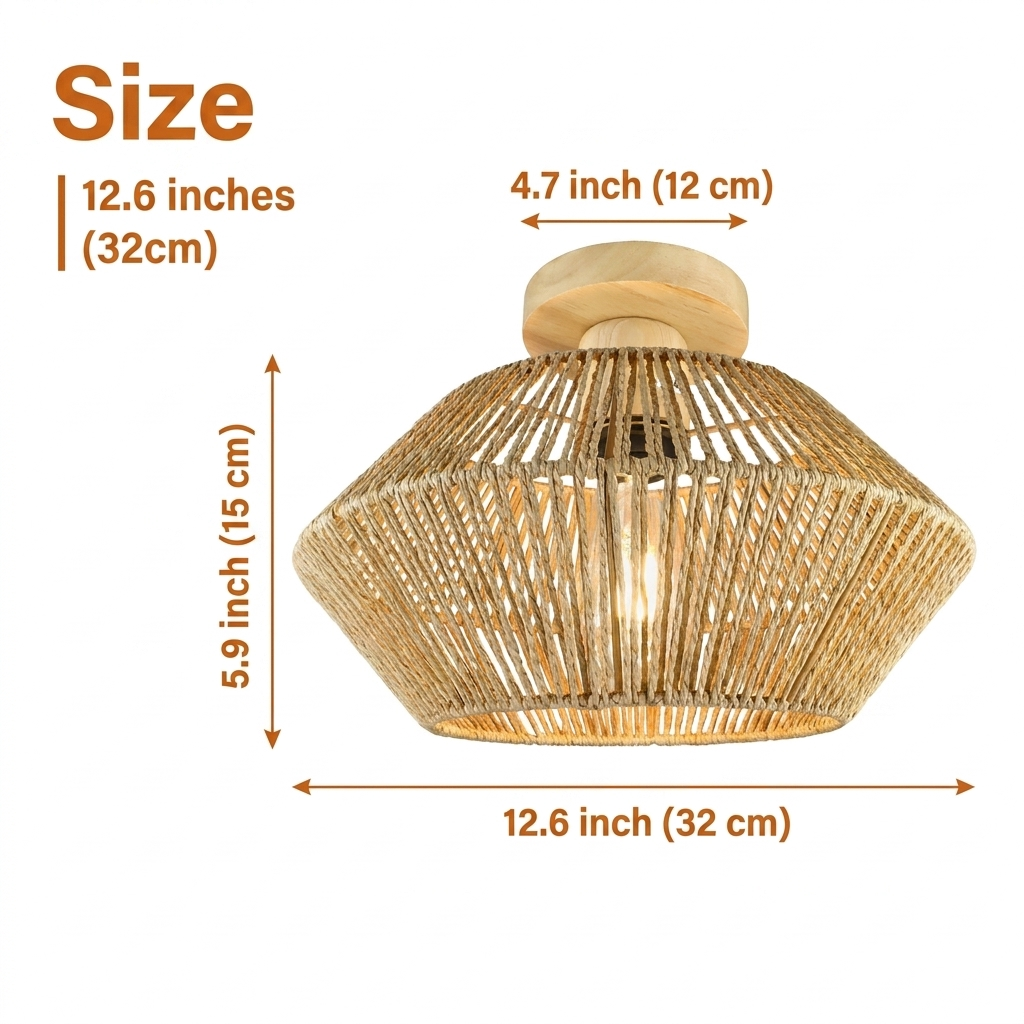 Femila Boho Rattan Ceiling Light at 12.6-inch diameter, diamond-lattice weave dome, this compact fixture casts a tight shadow pattern for intimate spots