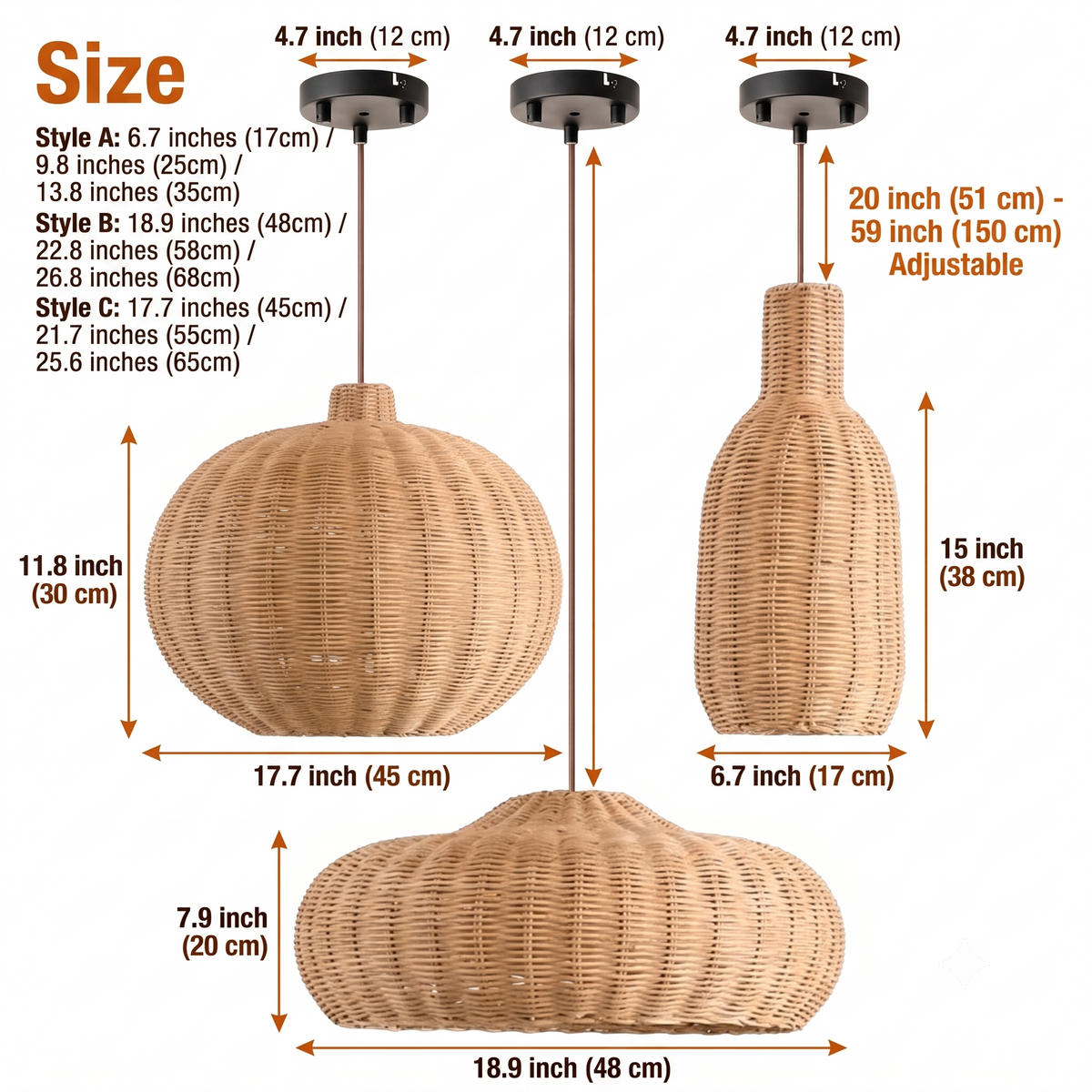 Finns Boho Small Basket Rattan Pendant from 6.7-inch to 25.6-inch sizes, tight woven basket texture, larger ones cast wider dappled light as a bolder focal point