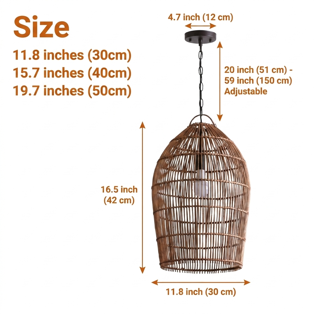 Fish-trap Boho Rustic Rattan Pendant from 11.8-inch to 19.7-inch diameter, hourglass cage weave, larger shades show more open weave and wider shadow
