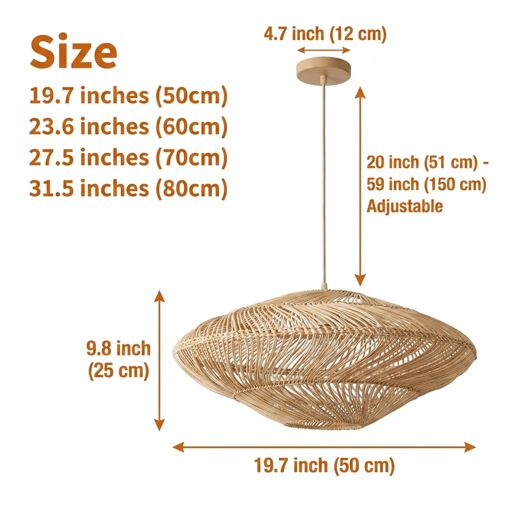 Flying Saucer Black Rattan Pendants from 19.7-inch to 31.5-inch diameter, open radial lattice weave, larger sizes widen the light spread and show more weave