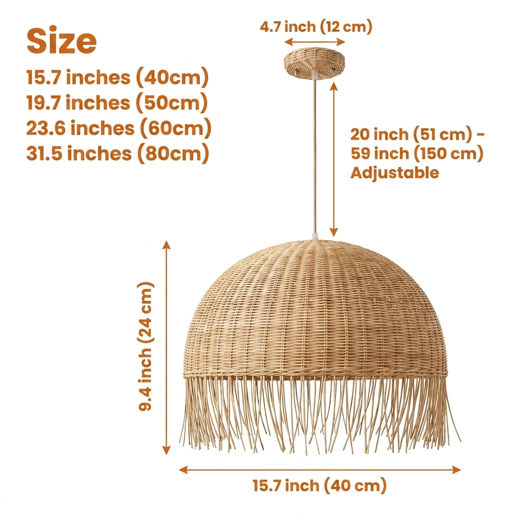 Frayed Rattan Wicker Dome Pendant from 15.7-inch to 31.5-inch diameter, basket weave with frayed fringe, larger domes cast a wider shadow pool overhead