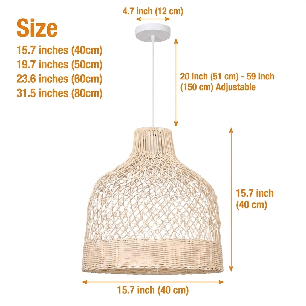 Fuelix Rattan Basket Pendant Light in 15.7-inch to 31.5-inch diameters, diamond lattice basket weave, larger domes show more lattice detail than the compact size