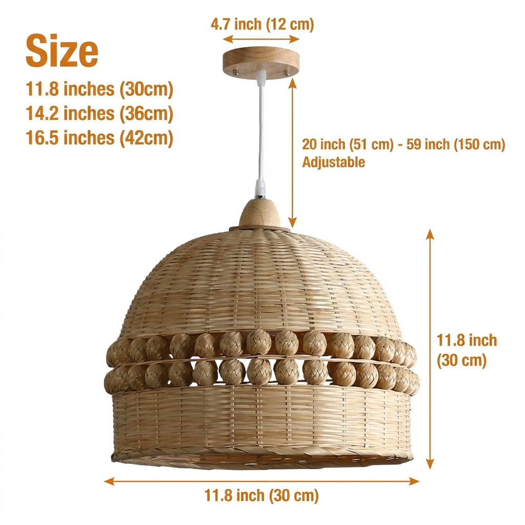 Gaudio Dome Wicker Bamboo Pendant Light in 11.8-inch to 16.5-inch diameters, spherical ball-band weave, larger domes widen light spread and reveal more woven texture
