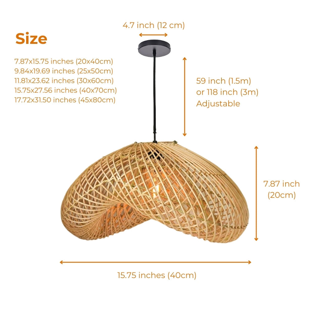 Generis Wabi Sabi Wave Rattan Pendant Light in 15.7-inch to 23.6-inch diameters, open lattice wave form, larger shows wider shadow patterns than the intimate smaller glow