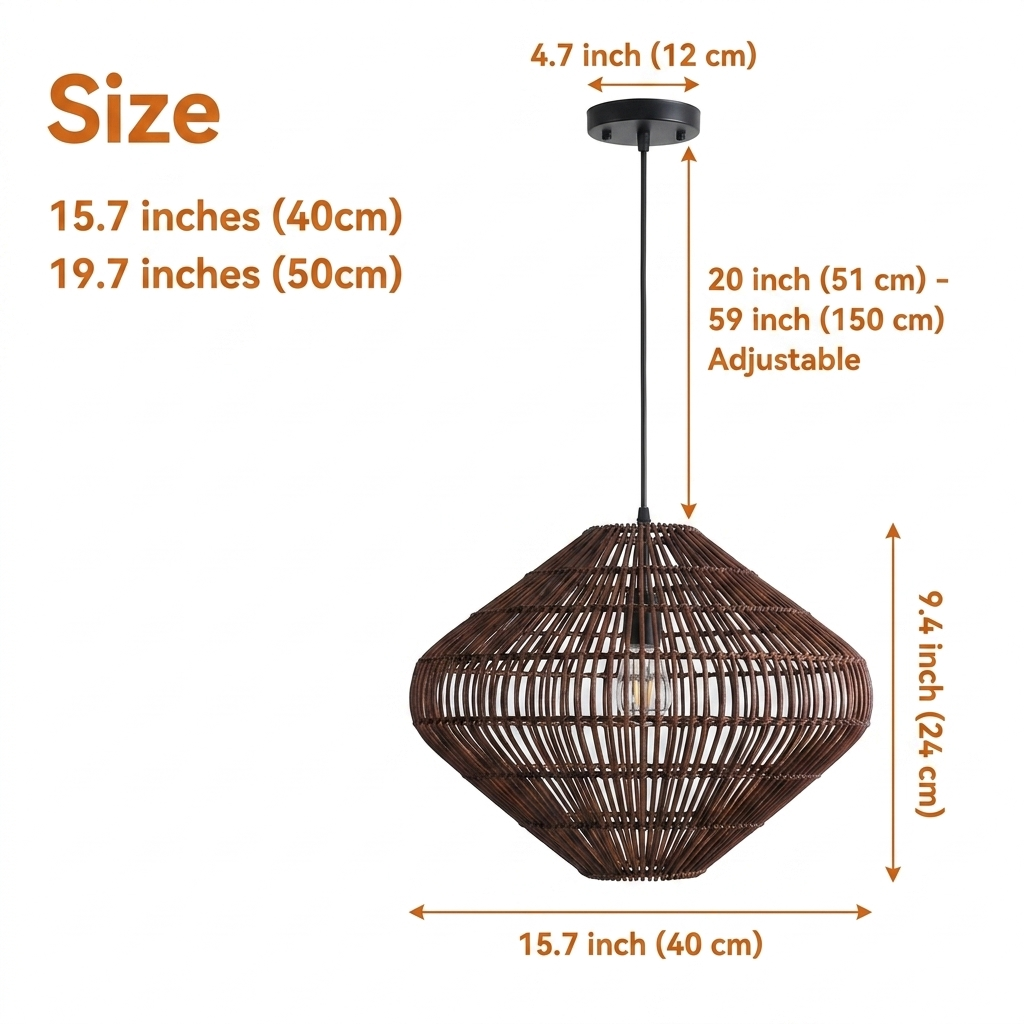 Geometric Diamond Rattan Basket Pendant Light in 15.7-inch and 19.7-inch diameters, open diamond cage weave, larger casts wider shadow spread than the tighter smaller weave