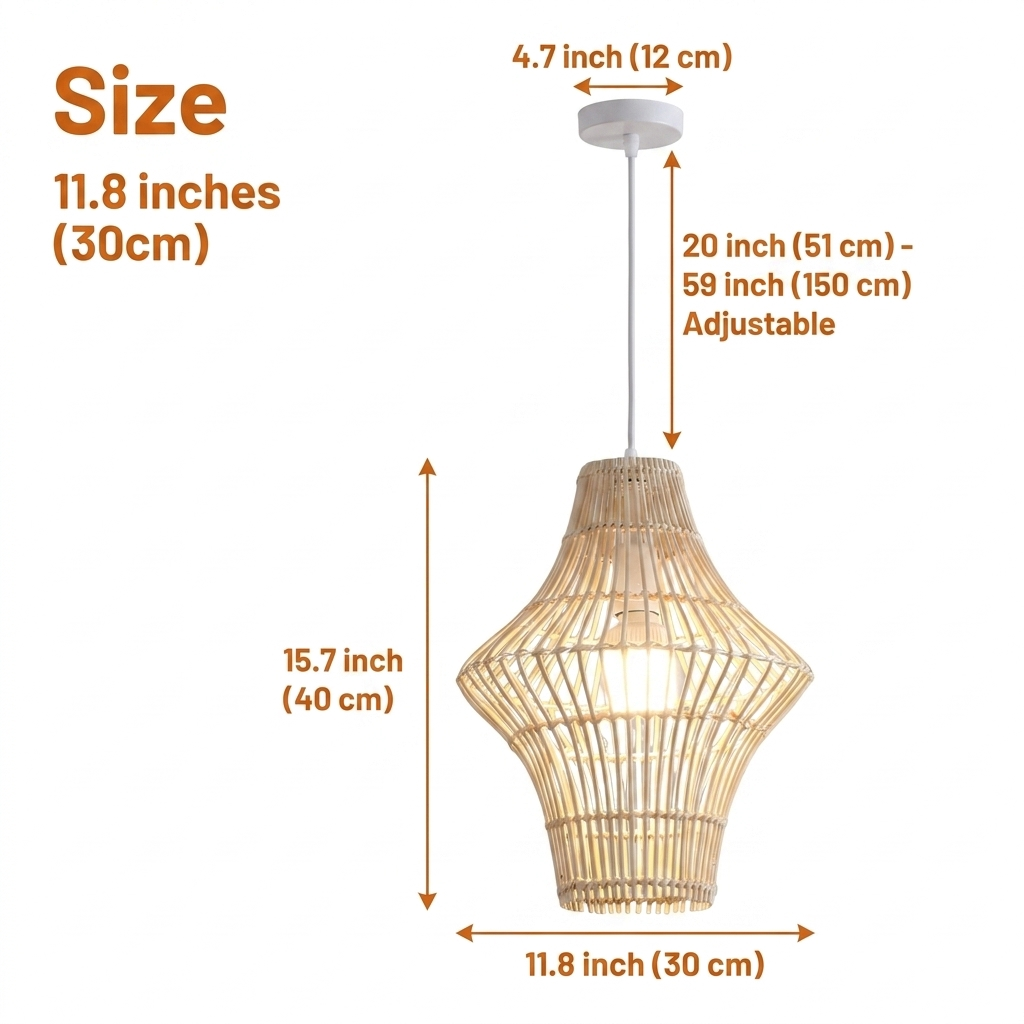 Geometric Rattan Pendant Light measuring 11.8 by 15.7 inches, open lattice hourglass shape suited to breakfast nooks and bedside corners without overwhelming the space