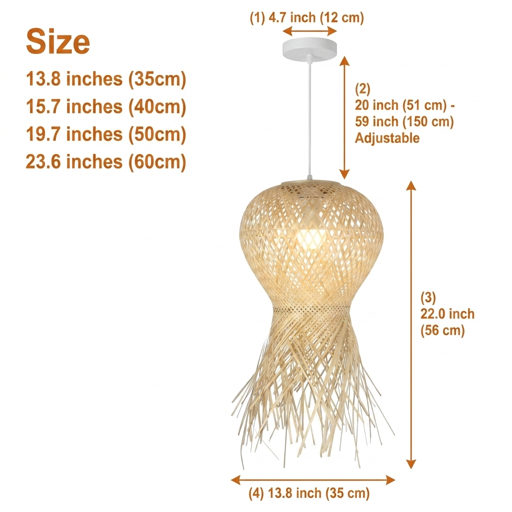 Geragur Tassel Handwoven Bamboo Pendant Light in 13.8-inch to 23.6-inch diameters, hexagonal lattice with fringed skirt, larger sizes show wider open lattice and fainter shadow