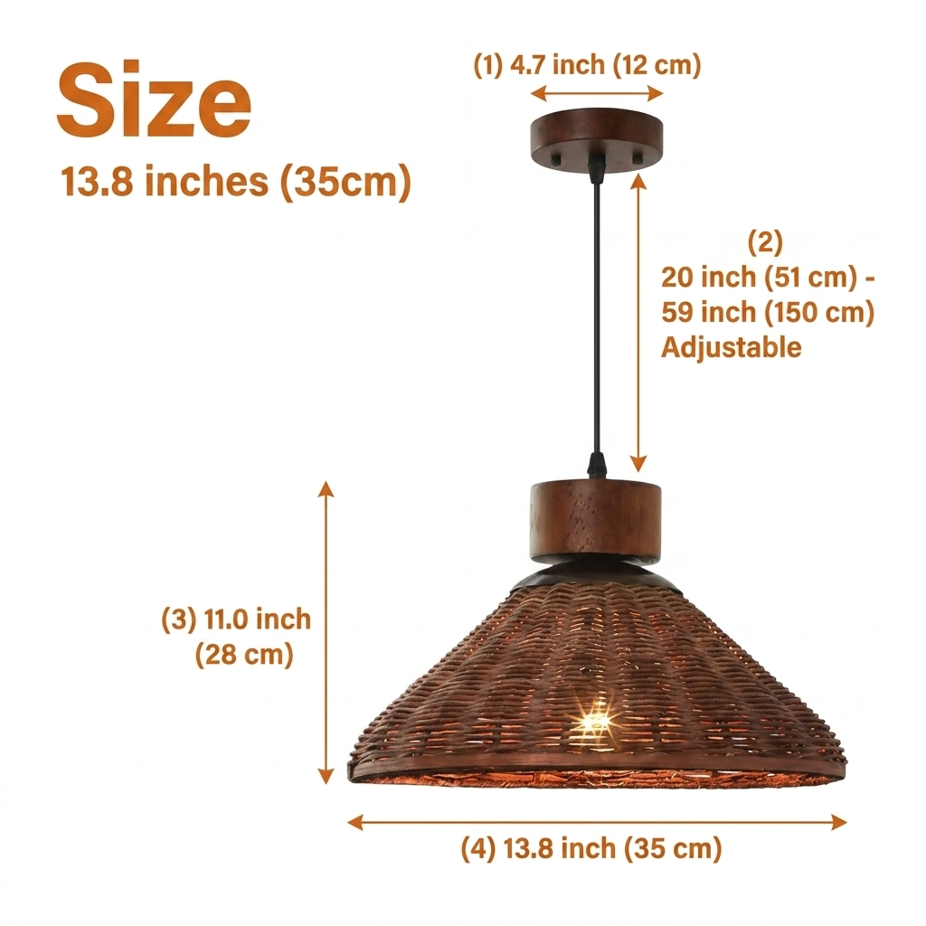 Hakka Conical Dark Brown Rattan Pendant Light measuring 13.8 by 11 inches, flared cone basket weave suited to compact dining nooks and kitchen islands