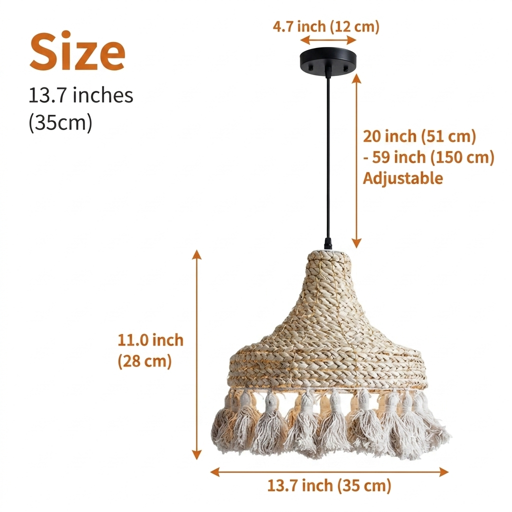 Hamimi Wabi Sabi Boho Wicker Pendant Light measuring 13.7 by 11 inches, tapered bell wicker weave with tassel fringe suited to intimate bedside and breakfast nook settings