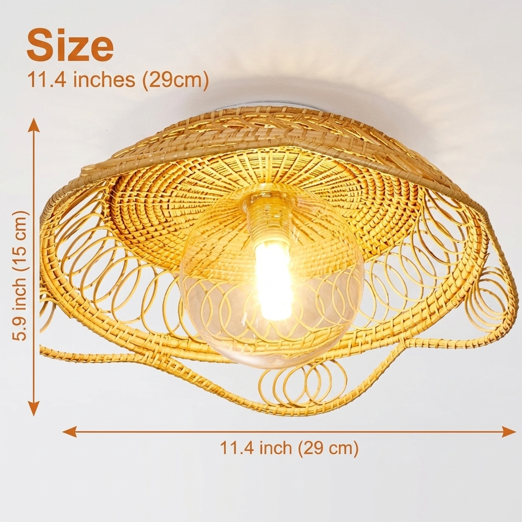 Havana Rattan Ceiling Light measuring 11.4 by 5.9 inches, low wide flower dome weave suited to bedside corners and small entries with soft patterned light