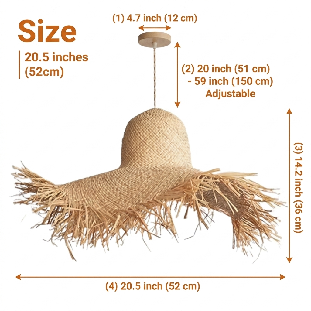 Hawaiian Rattan Pendant Light measuring 20.5 by 14.2 inches, wide low dome crown with fringed edge suited to standard dining tables and 8 to 9 foot ceilings