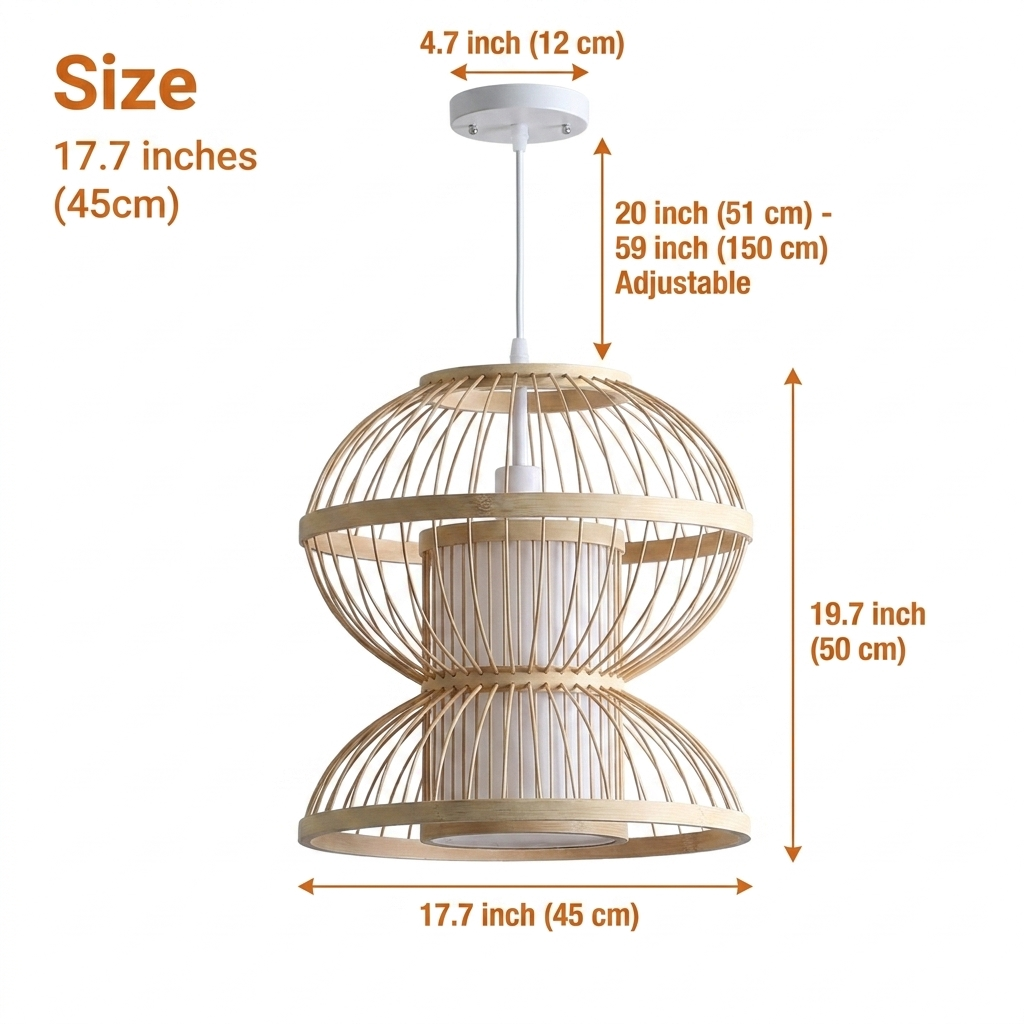 Hemisfera Bamboo Pendant Light measuring 17.7 by 19.7 inches, double-sphere bamboo slat hourglass suited to seating areas and tables up to about six feet across